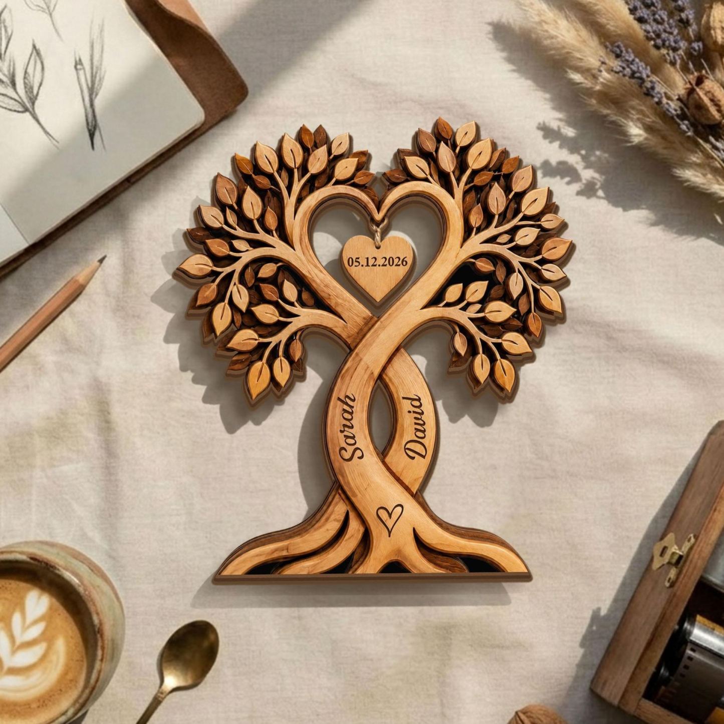 Blocco Di Legno Personalizzato Con Albero Di Cuori Per Coppie, Cartello Personalizzato Con Nomi Di Coppie, Regalo Di San Valentino - mymoonlampit