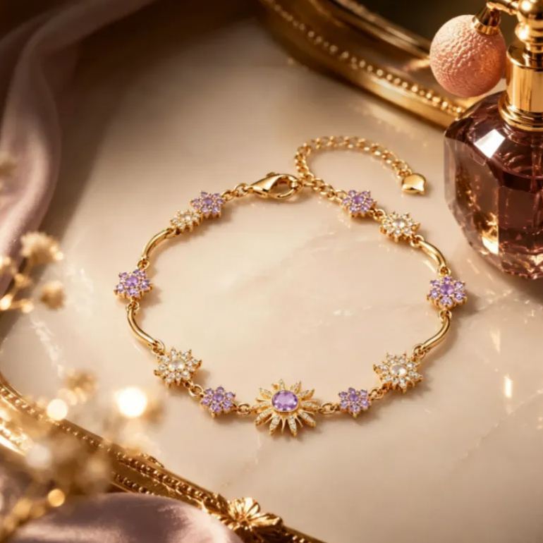 Simpatico Braccialetto Con Ciondoli Girasole Viola Da Donna – Elegante Braccialetto Floreale Placcato In Oro, Regalo Di Gioielli Regolabile In Stile Principessa - mymoonlampit
