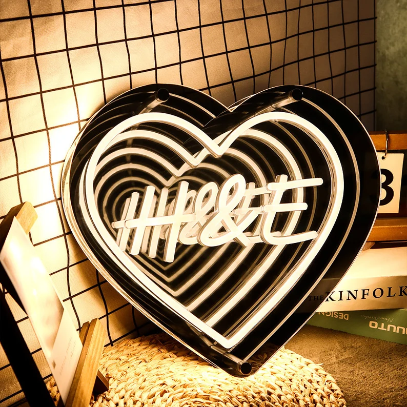Specchio Al Neon Infinito Personalizzato, Insegna Al Neon A Specchio Led, Luce Al Neon Per Matrimonio, Insegna Luminosa A Forma Di Cuore Con Iniziali Personalizzate, Regalo Di Nozze Per Lei