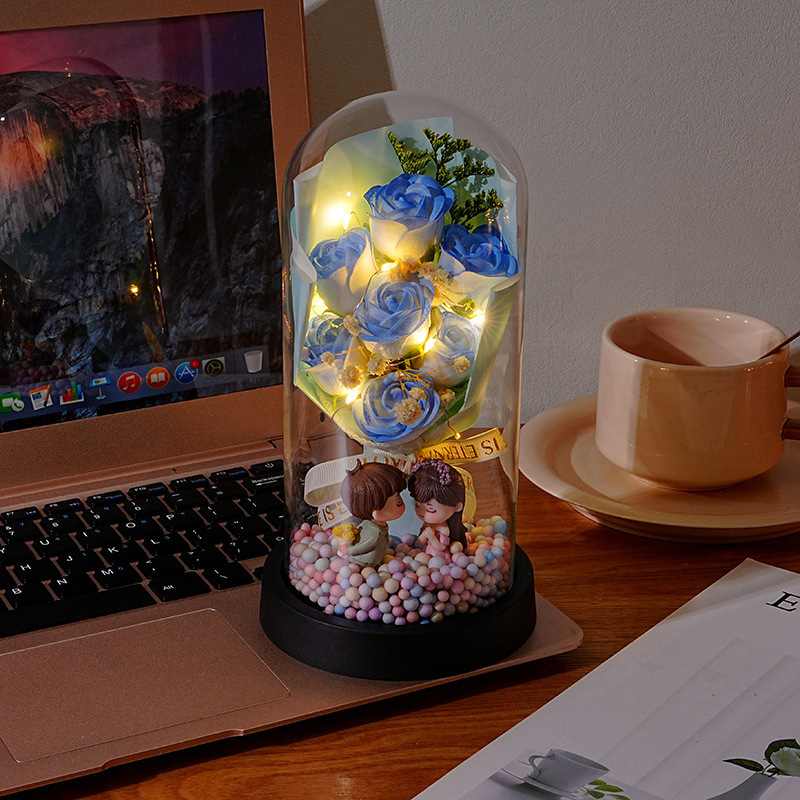 Cupola In Vetro Di Rosa Conservata - Decorazione Con Statuetta Di Coppia Con Luce Led, Regalo Di San Valentino - mymoonlampit