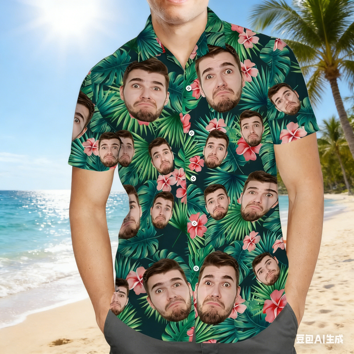 Hawaiihemd Mit Individuellem Gesicht, Personalisierte Flamingo-blumen Und Blätter, Strandurlaub, Weihnachtsgeschenke