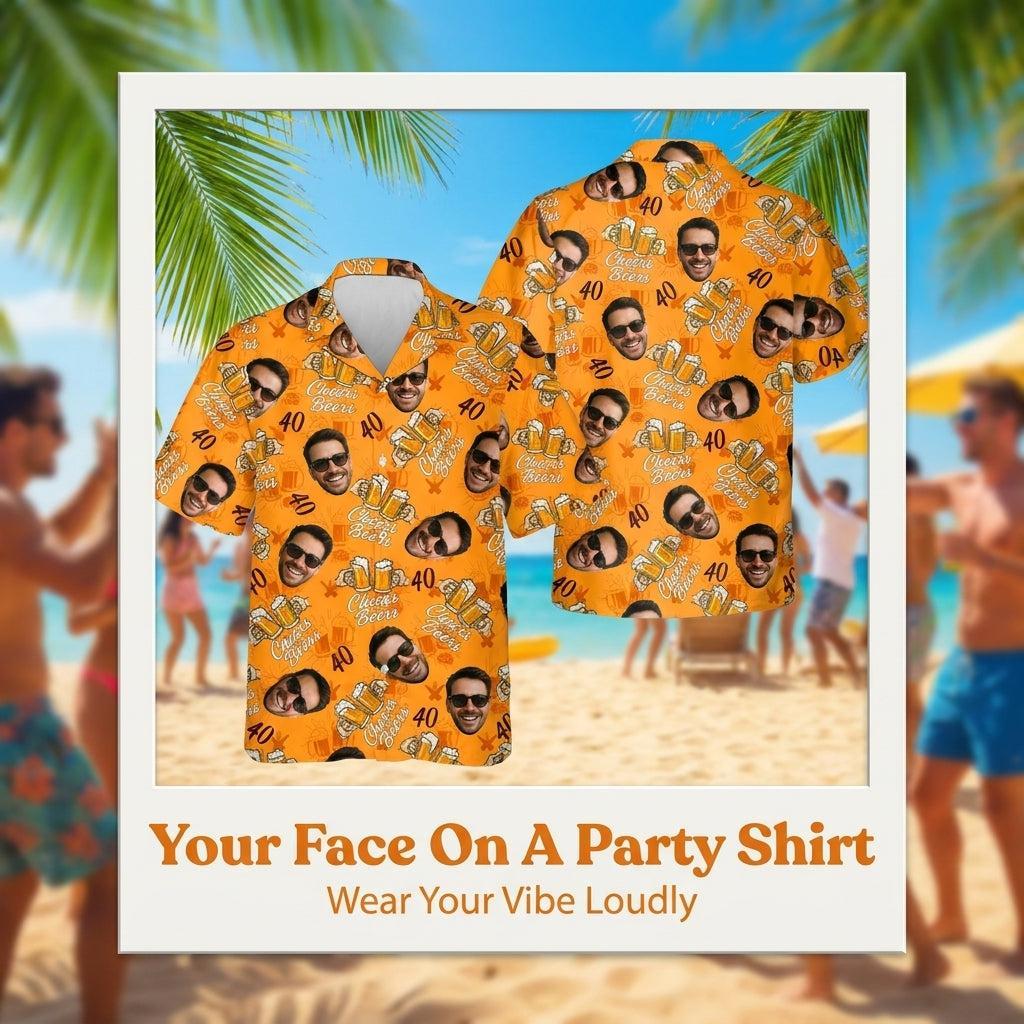 Benutzerdefiniertes Gesichts-Geburtstags-Hawaii-Shirt, Personalisiertes Cheers And Beers-Shirt Für Männer, 40. Geburtstags-Party-Shirt Mit Foto, Geschenke Für Papa - FotoSocken