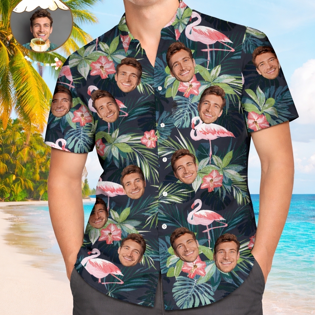 Herren  Benutzerdefiniertes Gesicht Shirt Hawaiihemd Kurzarm Tropische Blätter Flamingo