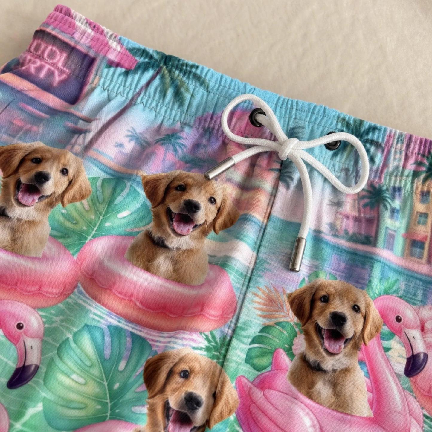 Benutzerdefinierte Tropische Hawaiianische Aloha-Strandshorts Für Männer Mit Foto – Personalisierte Sommerurlaubs- Und Reisegeschenke Für Hunde- Und Katzenliebhaber, Hundeväter Und -mütter, Katzenbesitzer – Präsident Des Flamingo Float Club - FotoSocken