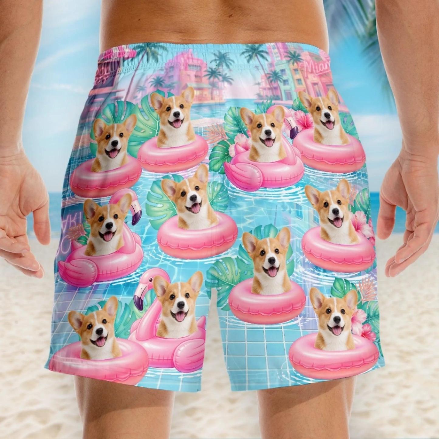 Benutzerdefinierte Tropische Hawaiianische Aloha-Strandshorts Für Männer Mit Foto – Personalisierte Sommerurlaubs- Und Reisegeschenke Für Hunde- Und Katzenliebhaber, Hundeväter Und -mütter, Katzenbesitzer – Präsident Des Flamingo Float Club - FotoSocken