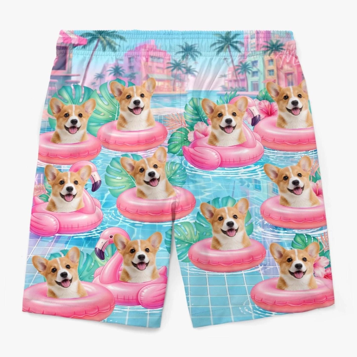 Benutzerdefinierte Tropische Hawaiianische Aloha-Strandshorts Für Männer Mit Foto – Personalisierte Sommerurlaubs- Und Reisegeschenke Für Hunde- Und Katzenliebhaber, Hundeväter Und -mütter, Katzenbesitzer – Präsident Des Flamingo Float Club - FotoSocken