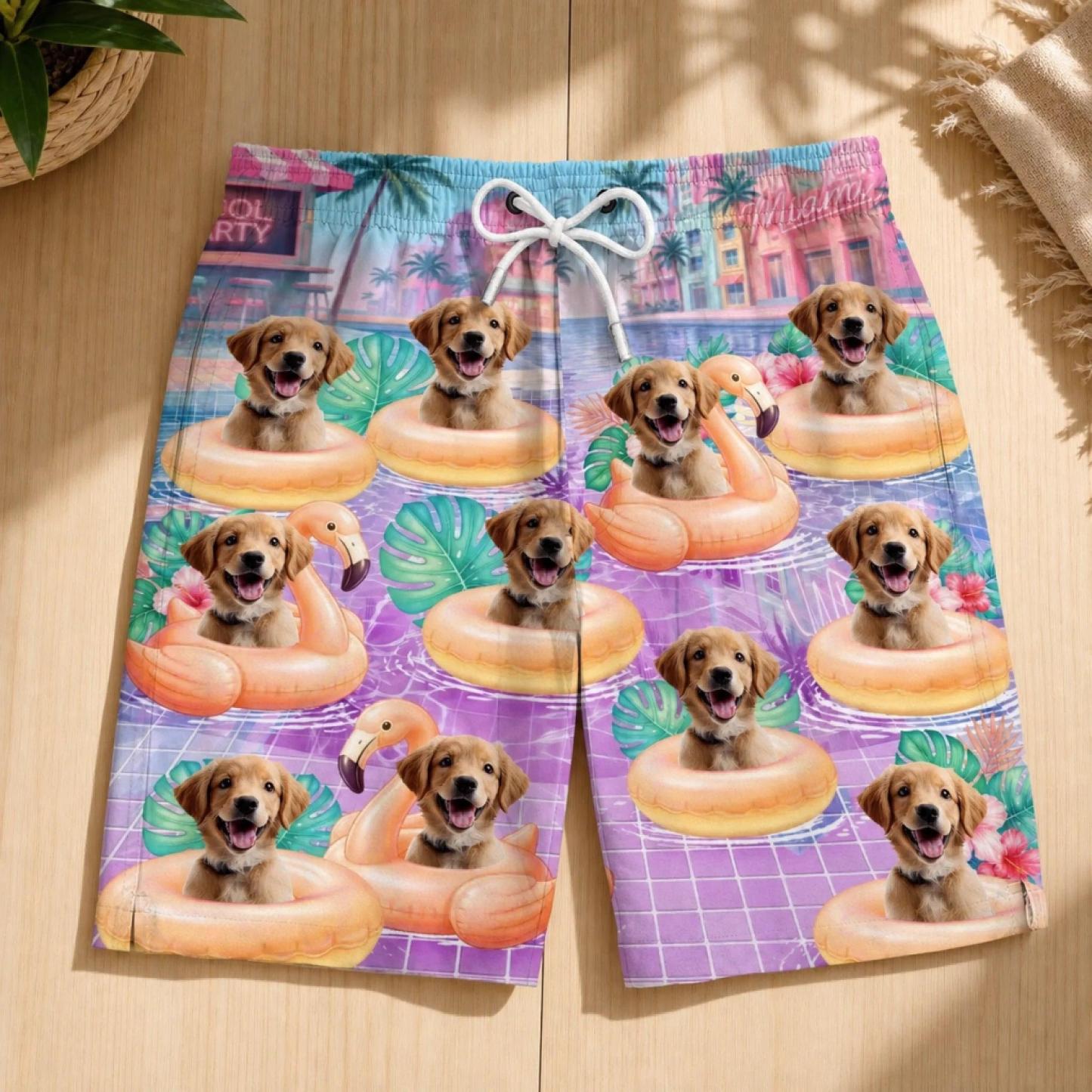 Benutzerdefinierte Tropische Hawaiianische Aloha-Strandshorts Für Männer Mit Foto – Personalisierte Sommerurlaubs- Und Reisegeschenke Für Hunde- Und Katzenliebhaber, Hundeväter Und -mütter, Katzenbesitzer – Präsident Des Flamingo Float Club - FotoSocken