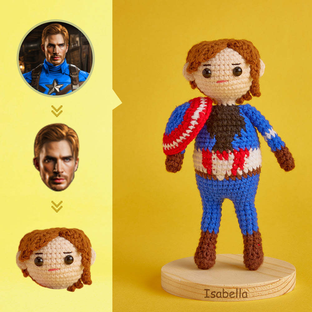 Häkelpuppe Mit Individuellem Gesicht, Personalisierte Geschenke, Handgewebte Minipuppen – Captain America - 