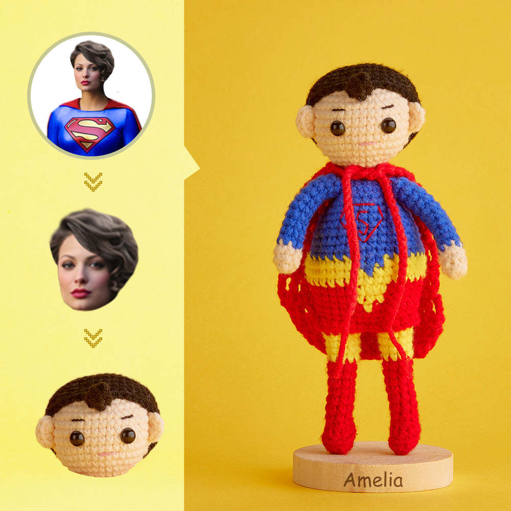 Häkelpuppe Mit Individuellem Gesicht, Personalisierte Handgewebte Mini-puppengeschenke – Supergirl - 