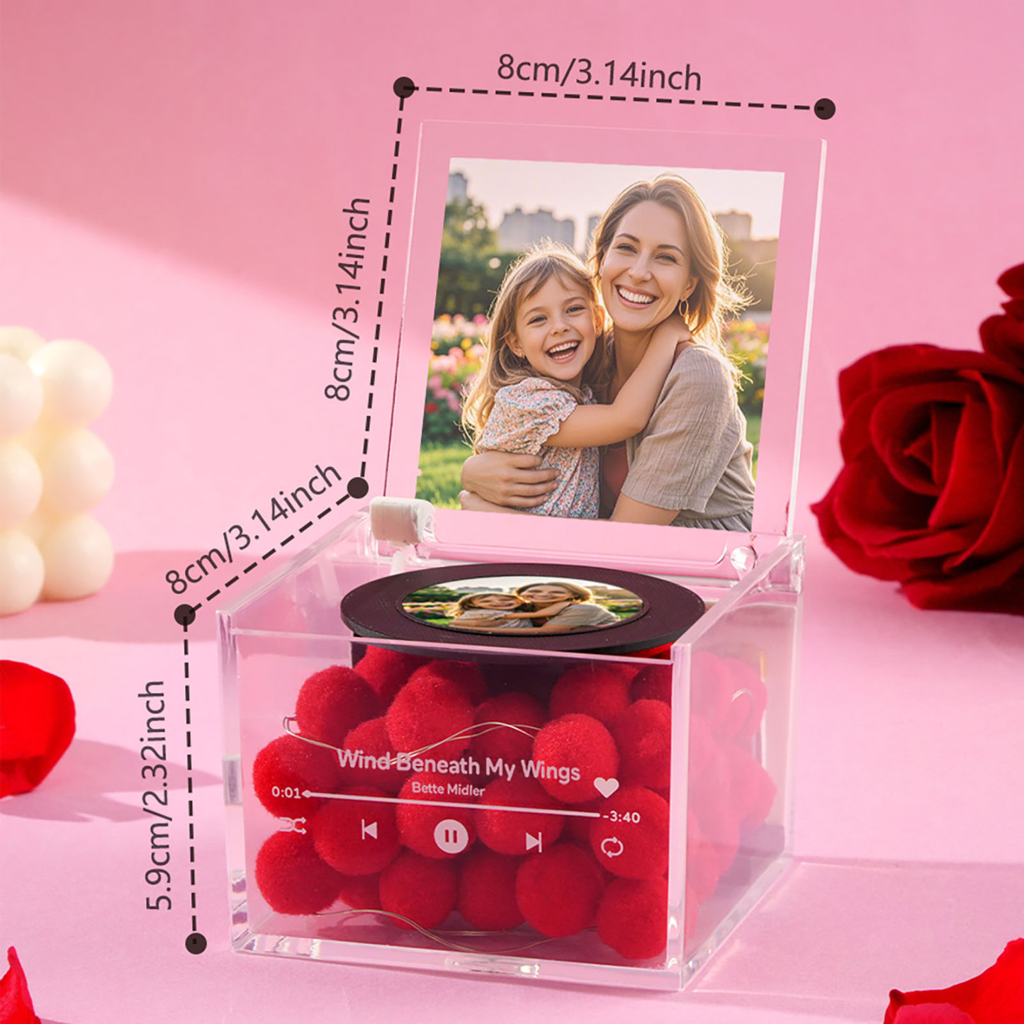 Personalisierter Mini-schallplattenspieler Mit Fotogravur Im Roten Herz-blumen-stil, Muttertagsgeschenk Für Mama - FotoSocken