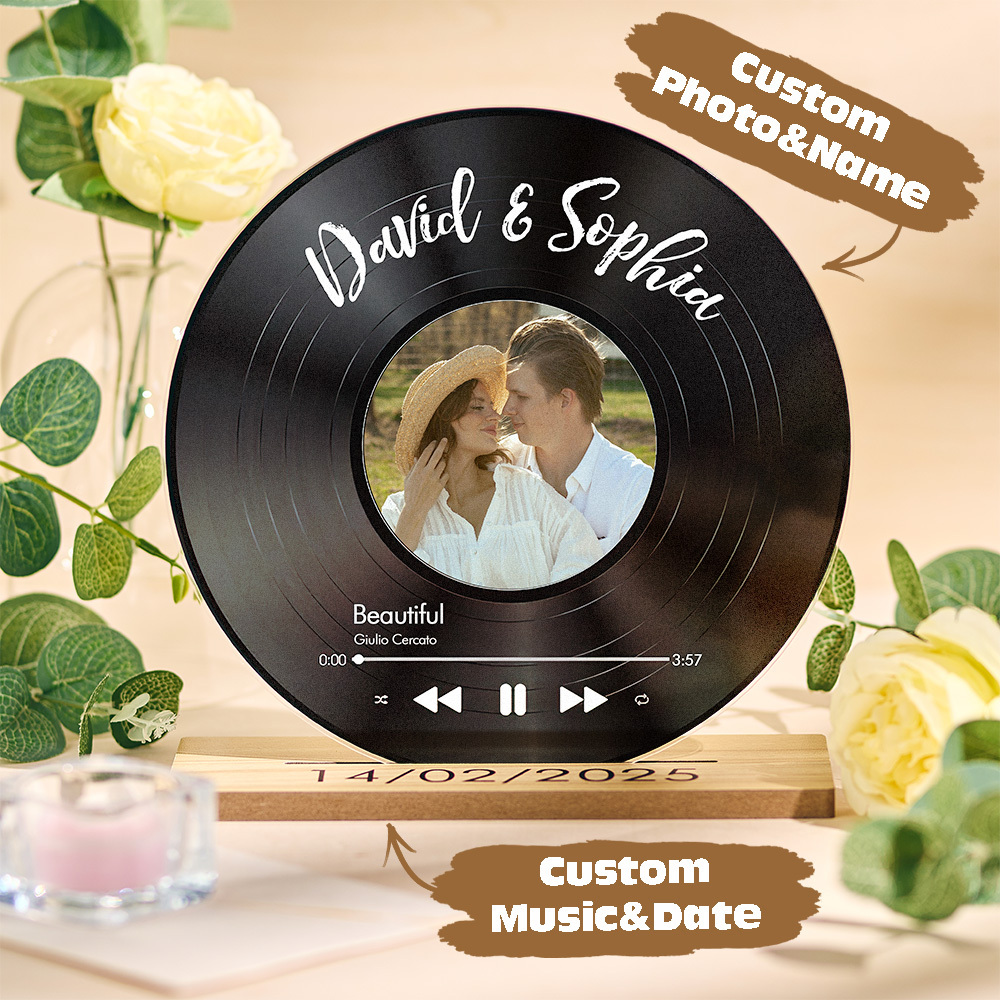 Individuelles Lieblingslied – Personalisierte Acryl-schallplatte Mit Holzständer, Nfc-geschenke - FotoSocken