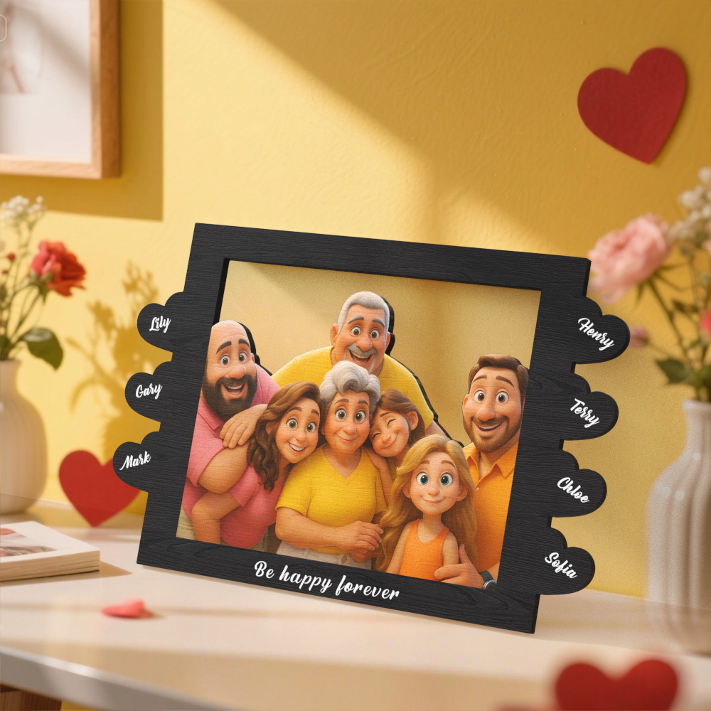 Personalisierter Herzförmiger Bilderrahmen Im Cartoon-stil Mit Namen, Das Beste Geschenk Zum Jahrestag, Geburtstag, Familie, Urlaub - FotoSocken