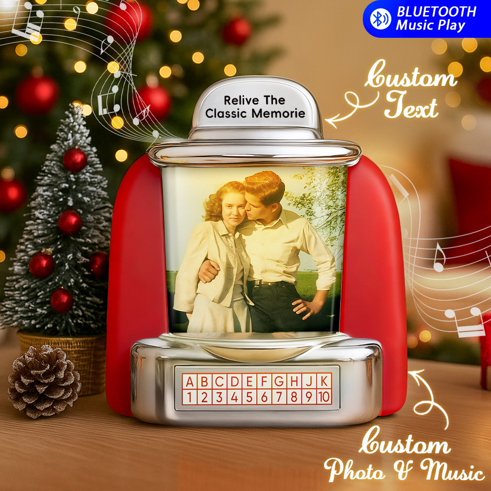 Mini-jukebox Mit Ki-gestützter Erinnerungsfunktion – Personalisierter Musikplayer Mit Radio, Fotos, Namen Und Datum | Nostalgisches Vintage-tischdeko-geschenk Für Weihnachten - FotoSocken