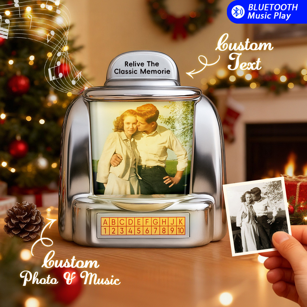 Mini-jukebox Mit Ki-gestützter Erinnerungsfunktion – Personalisierter Musikplayer Mit Radio, Fotos, Namen Und Datum | Nostalgisches Vintage-tischdeko-geschenk Für Weihnachten - FotoSocken