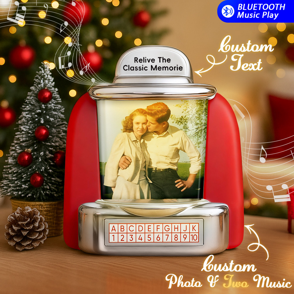 Mini-jukebox Mit Ki-gestützter Erinnerungsfunktion – Personalisierter Musikplayer Mit Radio, Fotos, Namen Und Datum | Nostalgisches Vintage-tischdeko-geschenk Für Weihnachten - FotoSocken