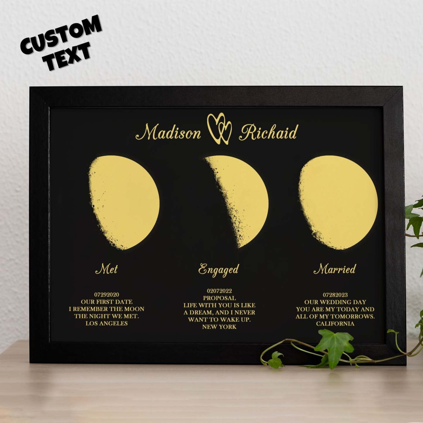 Benutzerdefinierte Mondphase Holzrahmen Drei Mondphasen Mit Personalisiertem Namen Und Text -