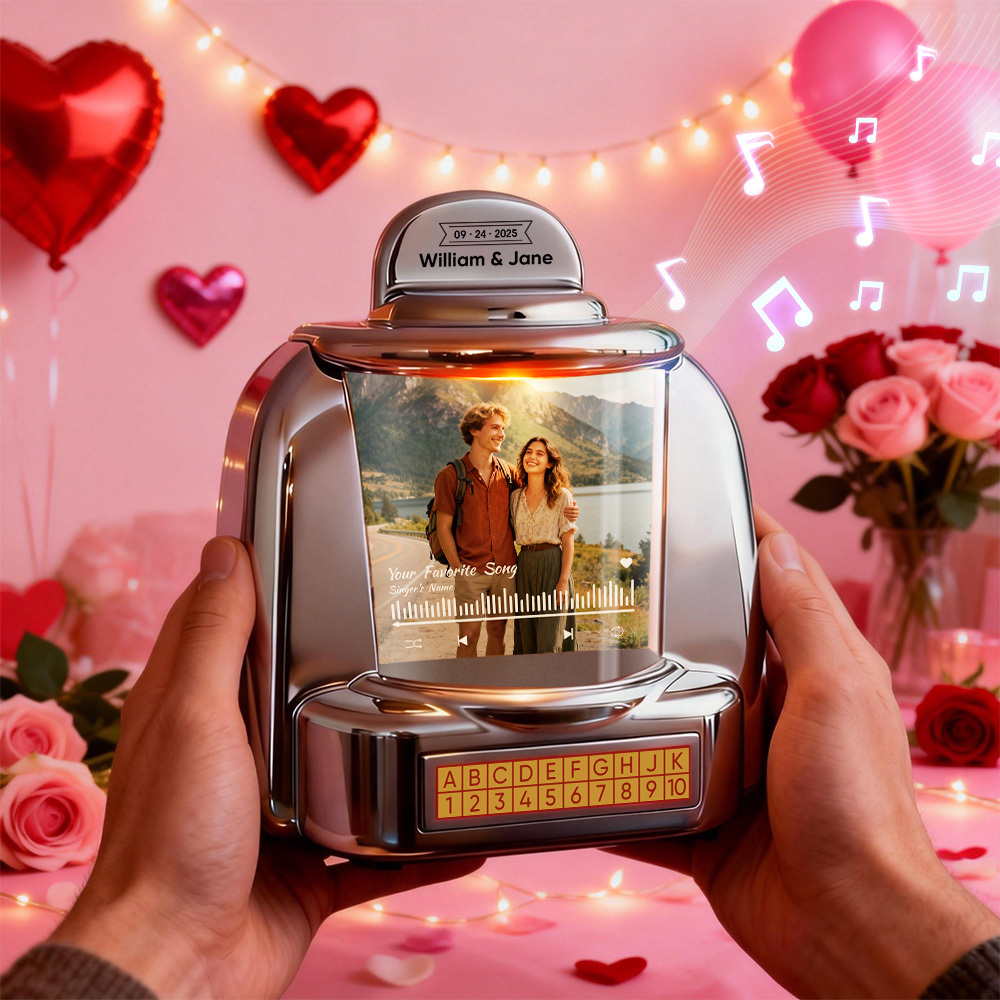 Personalisierte Mini-jukebox Mit Foto Und Bluetooth-musikplayer – Das Perfekte Geschenk Für Paare, Zum Jahrestag, Valentinstag Und Als Dekoration Für Ihr Zuhause. - FotoSocken