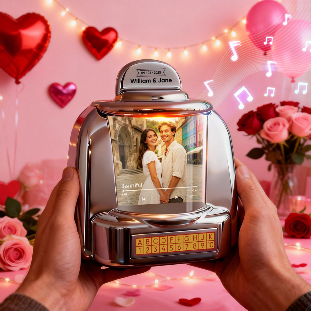 Personalisierte Mini-jukebox Mit Foto Und Bluetooth-musikplayer – Das Perfekte Geschenk Für Paare, Romantische Momente, Jahrestage, Valentinstag Und Als Dekoration Für Ihr Zuhause. - FotoSocken