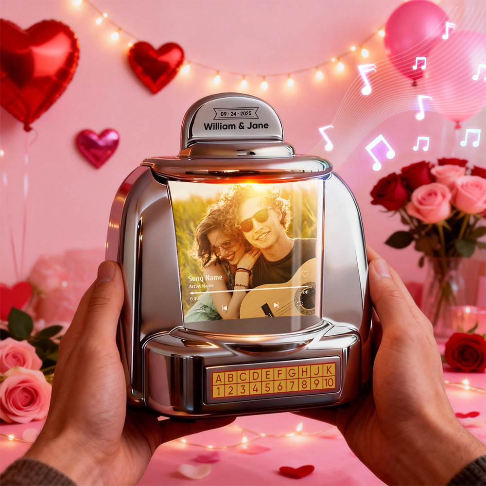 Personalisierte Mini-jukebox Mit Partnerfoto Und Bluetooth-musikplayer – Individuelles Jukebox-geschenk Für Paare, Romantische Momente, Jahrestage, Valentinstag Und Als Dekoration Für Zuhause - FotoSocken
