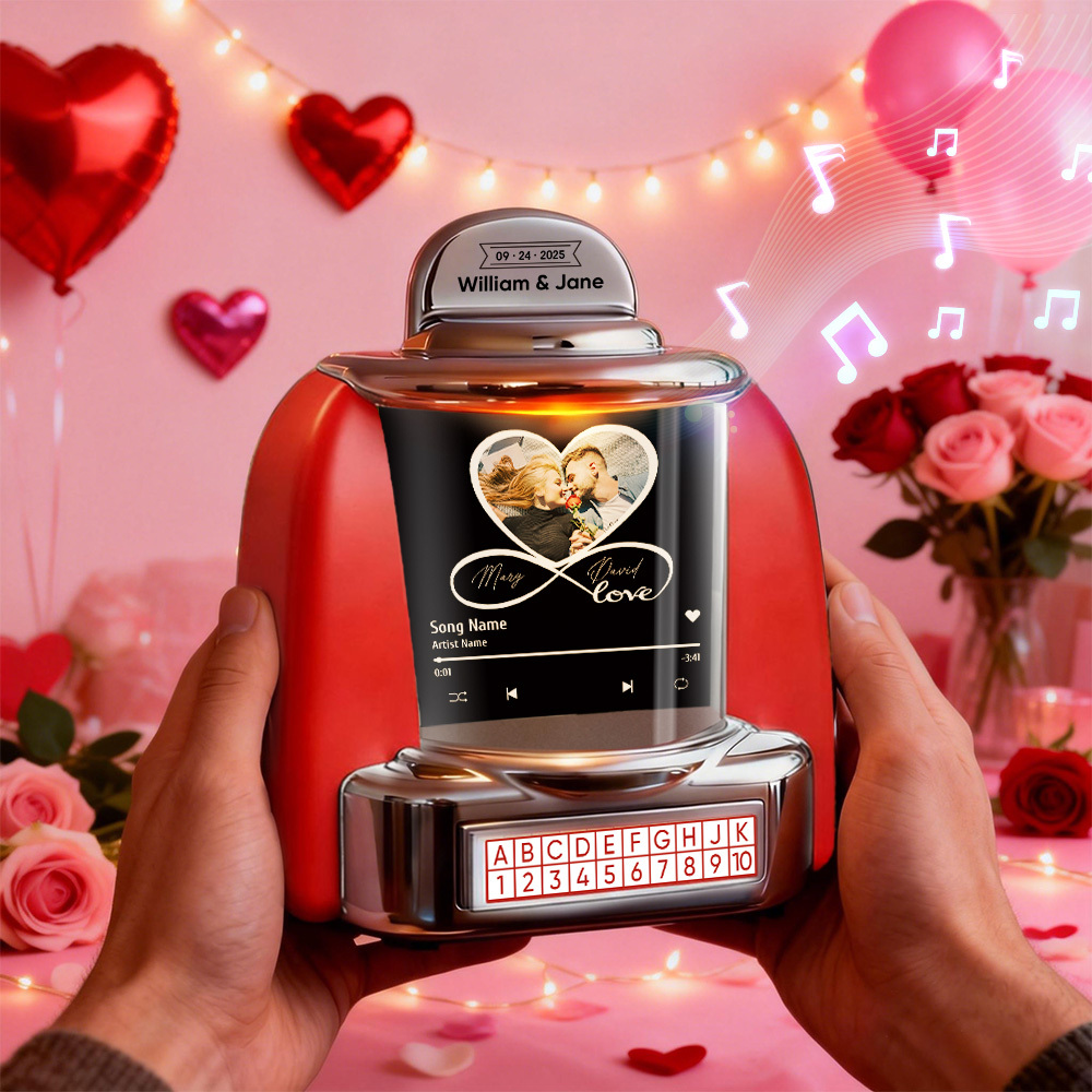 Personalisierte Mini-jukebox Mit Infinity-fotofunktion Und Bluetooth-musikplayer – Individuelles Jukebox-geschenk Für Paare, Romantische Momente, Jahrestage, Valentinstag Und Als Wohnaccessoire - FotoSocken