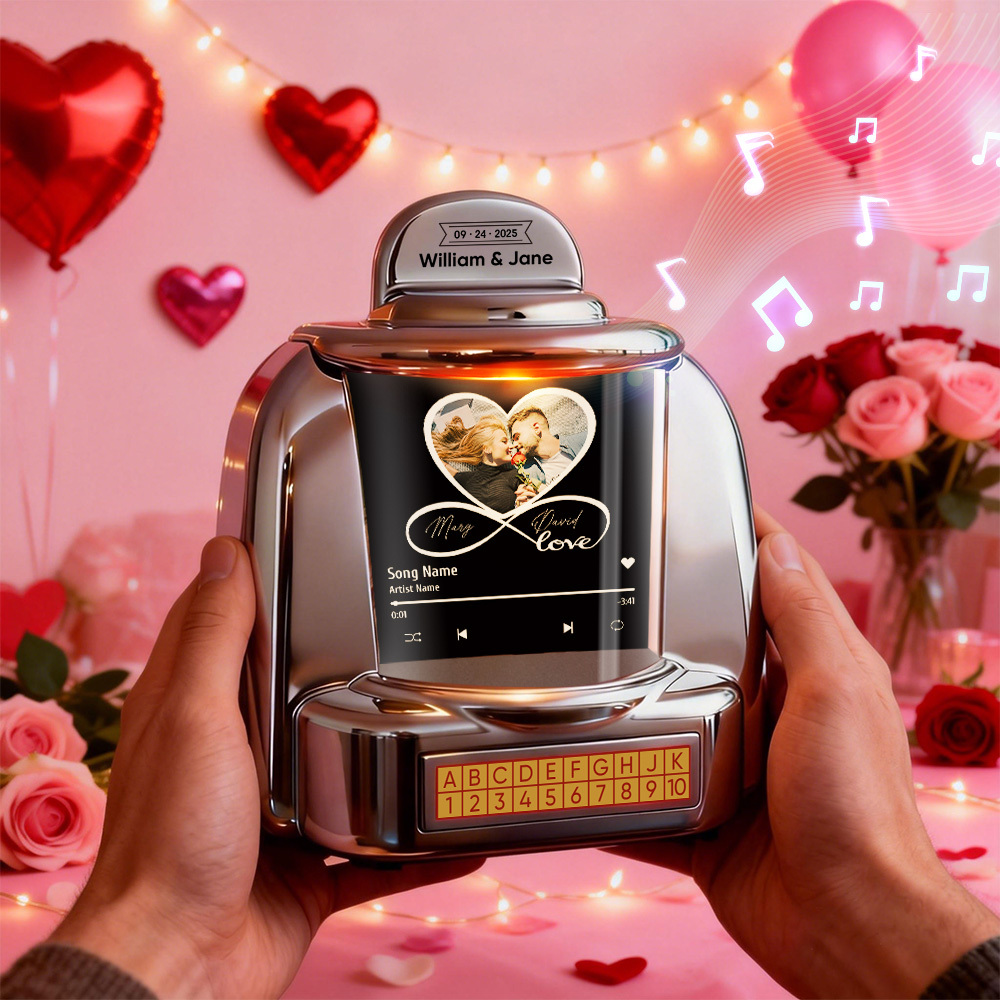 Personalisierte Mini-jukebox Mit Infinity-fotofunktion Und Bluetooth-musikplayer – Individuelles Jukebox-geschenk Für Paare, Romantische Momente, Jahrestage, Valentinstag Und Als Wohnaccessoire - FotoSocken