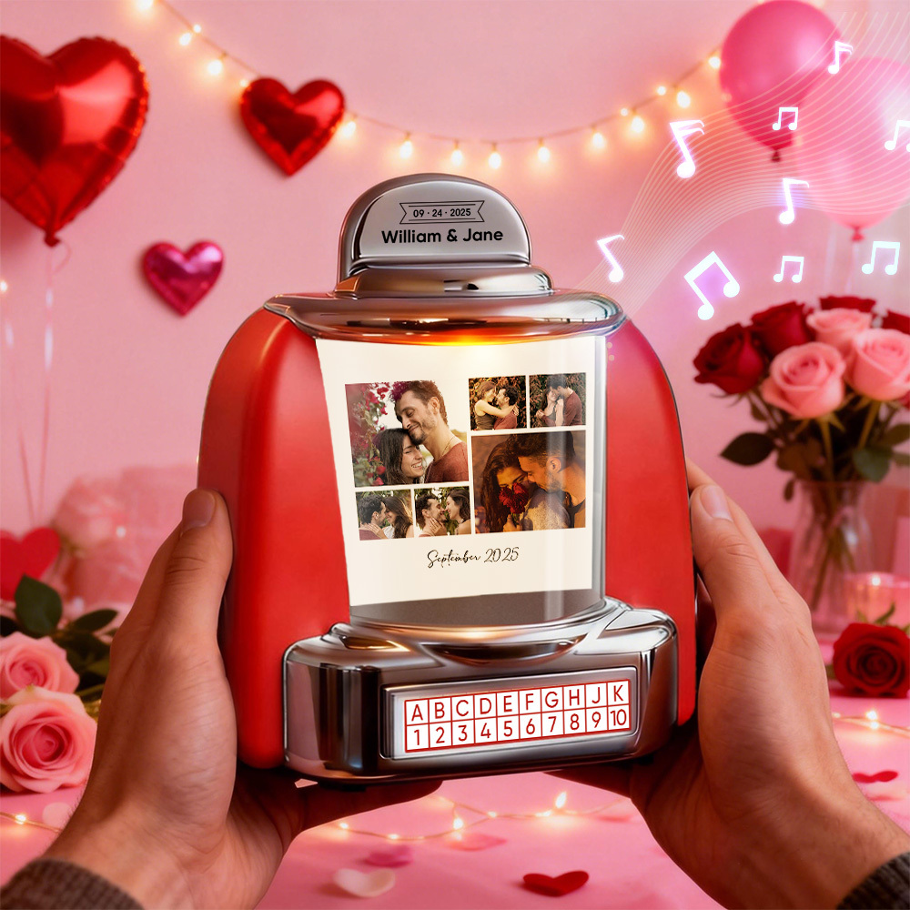Personalisierte Mini-jukebox Mit Fotos Und Musik – Bluetooth-jukebox Mit Individuellem Text Für Paare, Jahrestag Und Valentinstag - FotoSocken