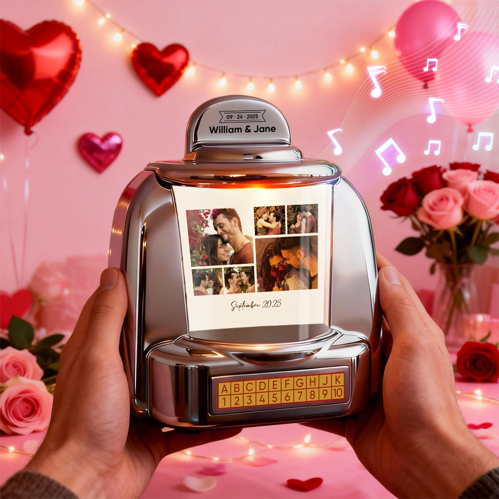 Personalisierte Mini-jukebox Mit Fotos Und Musik – Bluetooth-jukebox Mit Individuellem Text Für Paare, Jahrestag Und Valentinstag - FotoSocken