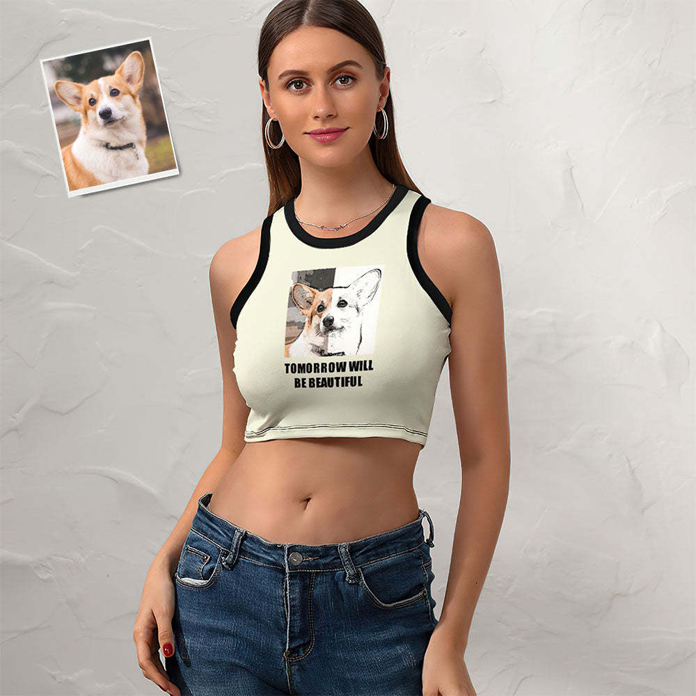 Custom Dog Face Damen Short Racer Weste Comic Lines Crop Top -