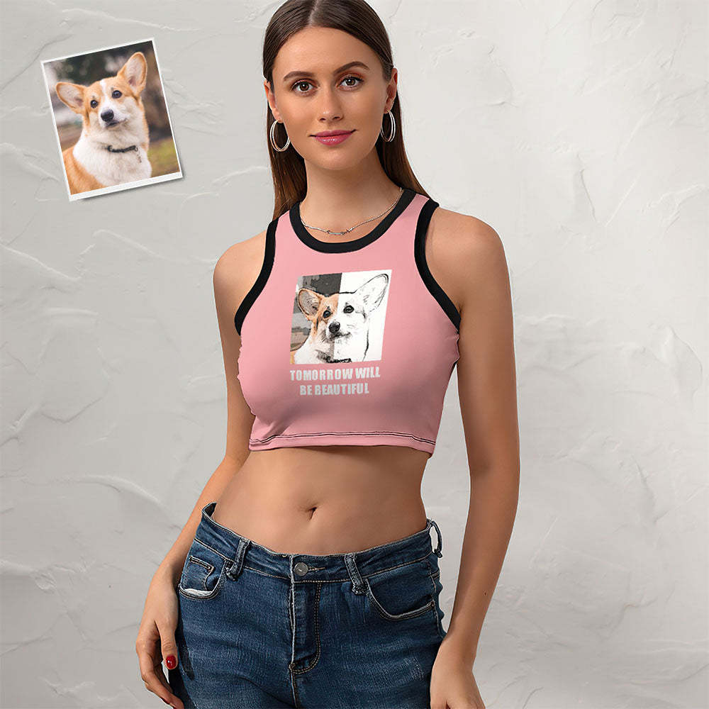 Custom Dog Face Damen Short Racer Weste Comic Lines Crop Top -