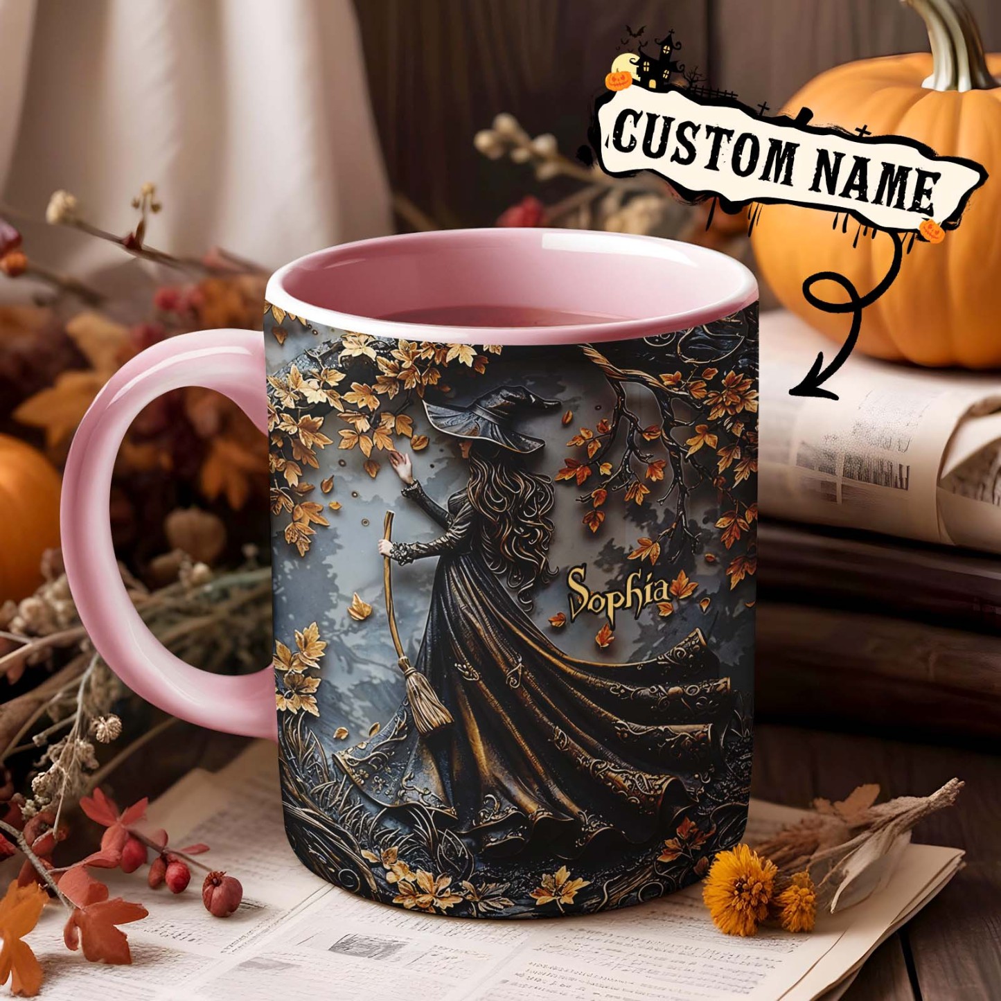 Personalisierter Name Hexen Akzent Tasse Benutzerdefinierte Schöne Hexen Tasse Halloween Geschenke - FotoSocken