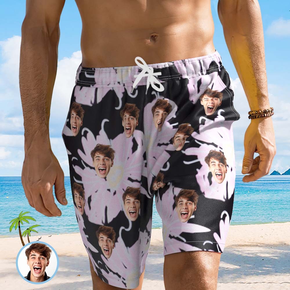 Strandshorts Mit Individuellem Gesicht, Personalisierte Foto-badehose, Shorts Mit Zufälligem Blumendruck - 