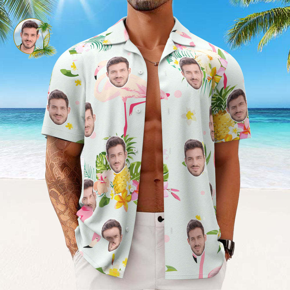 Benutzerdefiniertes Gesicht Hawaiihemd Herren All Over Print Aloha Shirt Geschenk – Romantische Hawaiianer Und Flamingos -