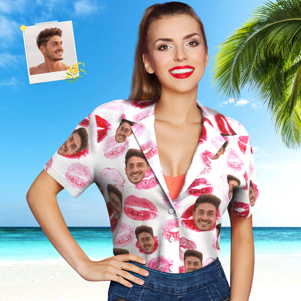 Hawaiihemd Mit Individuellem Gesicht Für Frauen, Personalisiertes Hawaiihemd Mit Frauenfoto, Geschenk Für Sie – Rote Lippen -