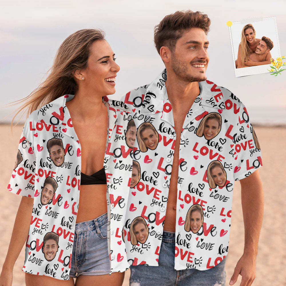 Personalisiertes Weißes Hemd-paar-outfit Im Hawaiianischen Stil Mit Individuellem Gesicht - 