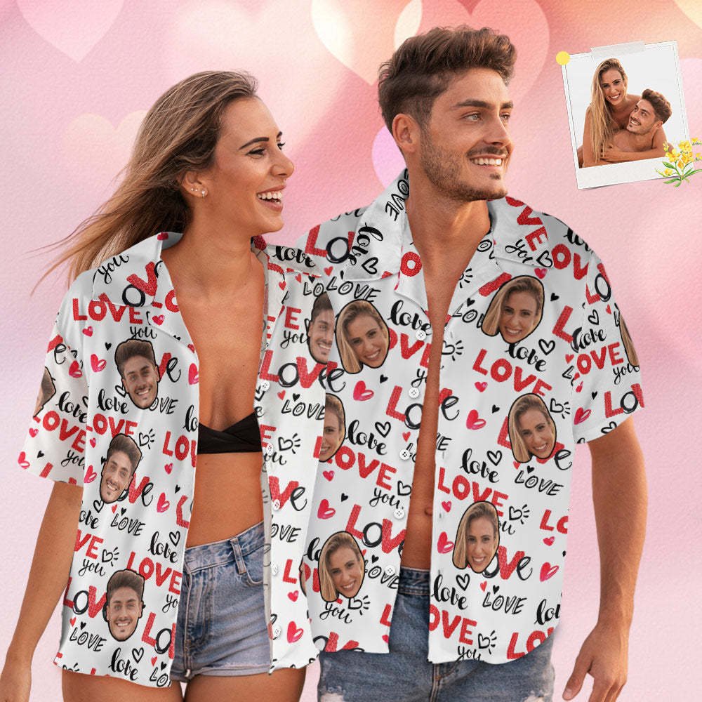 Personalisiertes Weißes Hemd-paar-outfit Im Hawaiianischen Stil Mit Individuellem Gesicht - 