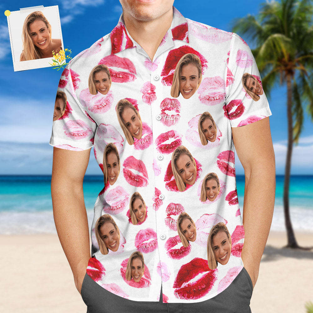 Benutzerdefiniertes Gesicht Hawaiihemd All Over Print Personalisiertes Hemd - Rote Lippen - 