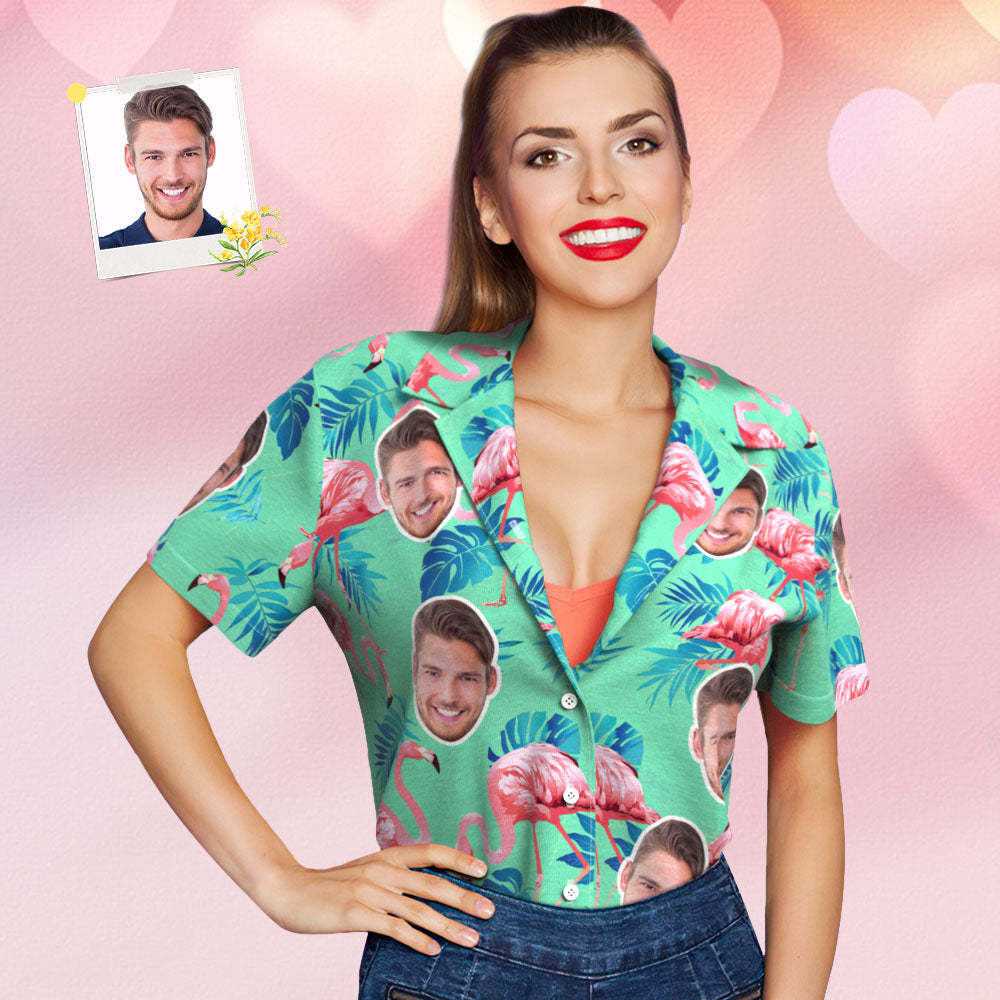 Hawaiihemd Mit Individuellem Gesicht, Flamingo-tropenhemd, Paar-outfit, Komplett Bedruckt Mit Grün Und Palmblättern - 