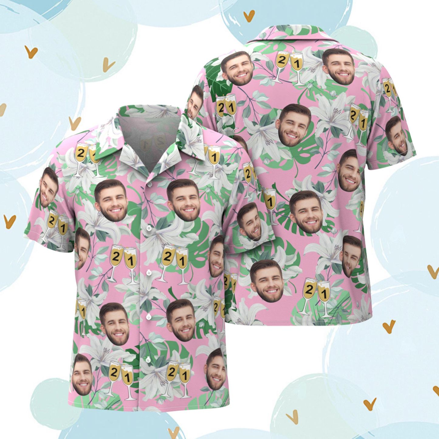 Benutzerdefinierte Gesichts-hawaii-shirt-nummer Im Weinglas, Rosa Und Grüne Ärmel, Gesicht-hawaii-shirt-geschenk Für Ihn - 