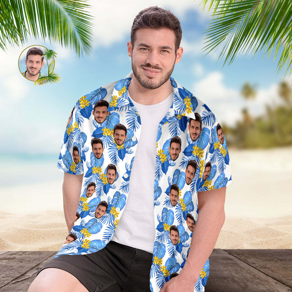 Benutzerdefiniertes Hawaii-hemd Für Männer, Personalisiertes Kurzarm-hemd Mit Bild, Gesicht, Foto, Bedrucktes Hawaii-hemd, Blaue Blume - 