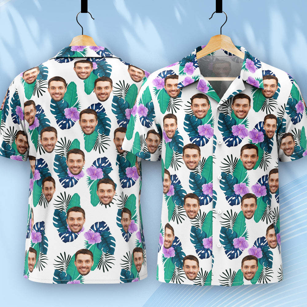 Benutzerdefiniertes Hawaii-hemd Für Männer, Personalisiertes Kurzarm-hemd Mit Bild, Gesicht, Foto, Bedrucktes Hawaii-hemd, Grüne Blume - 