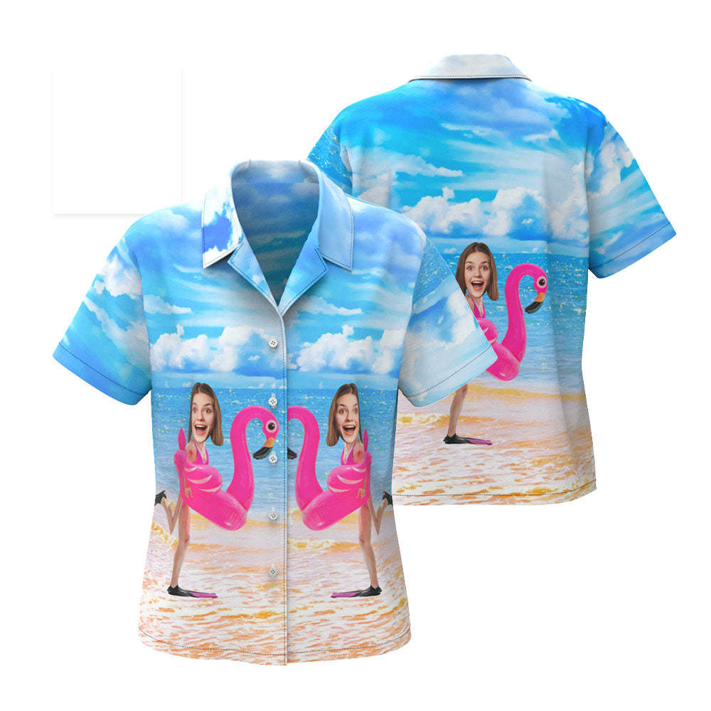 Benutzerdefinierte Lustige Gesicht Flamingo Hawaii-shirt Flamingo Schwimmring Hawaii-shirt Für Frauen - FotoSocken