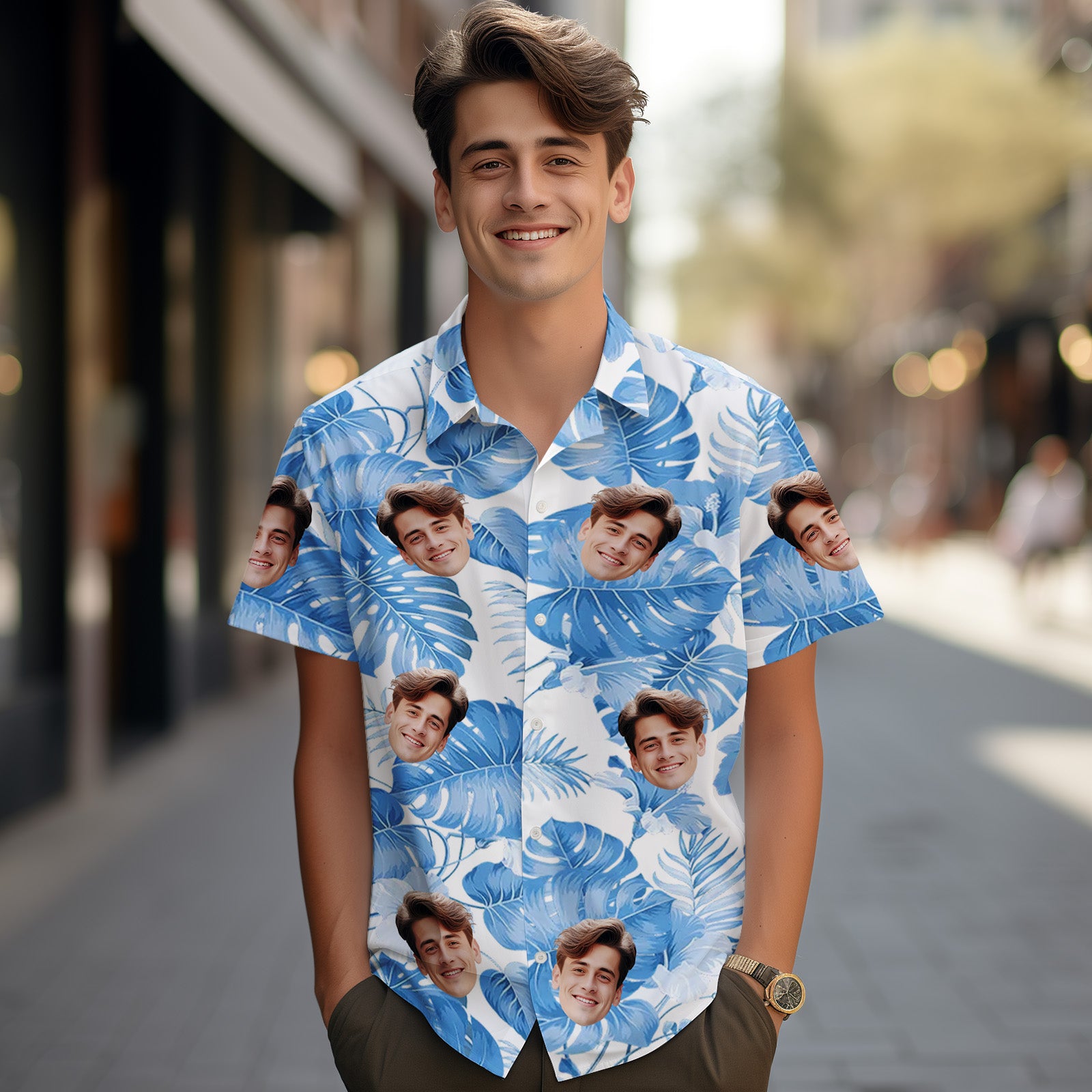 Benutzerdefiniertes Gesichts-hawaii-hemd. Tropische Ärmel Und Blumen-gesicht. Hellblaues Hawaii-hemd
