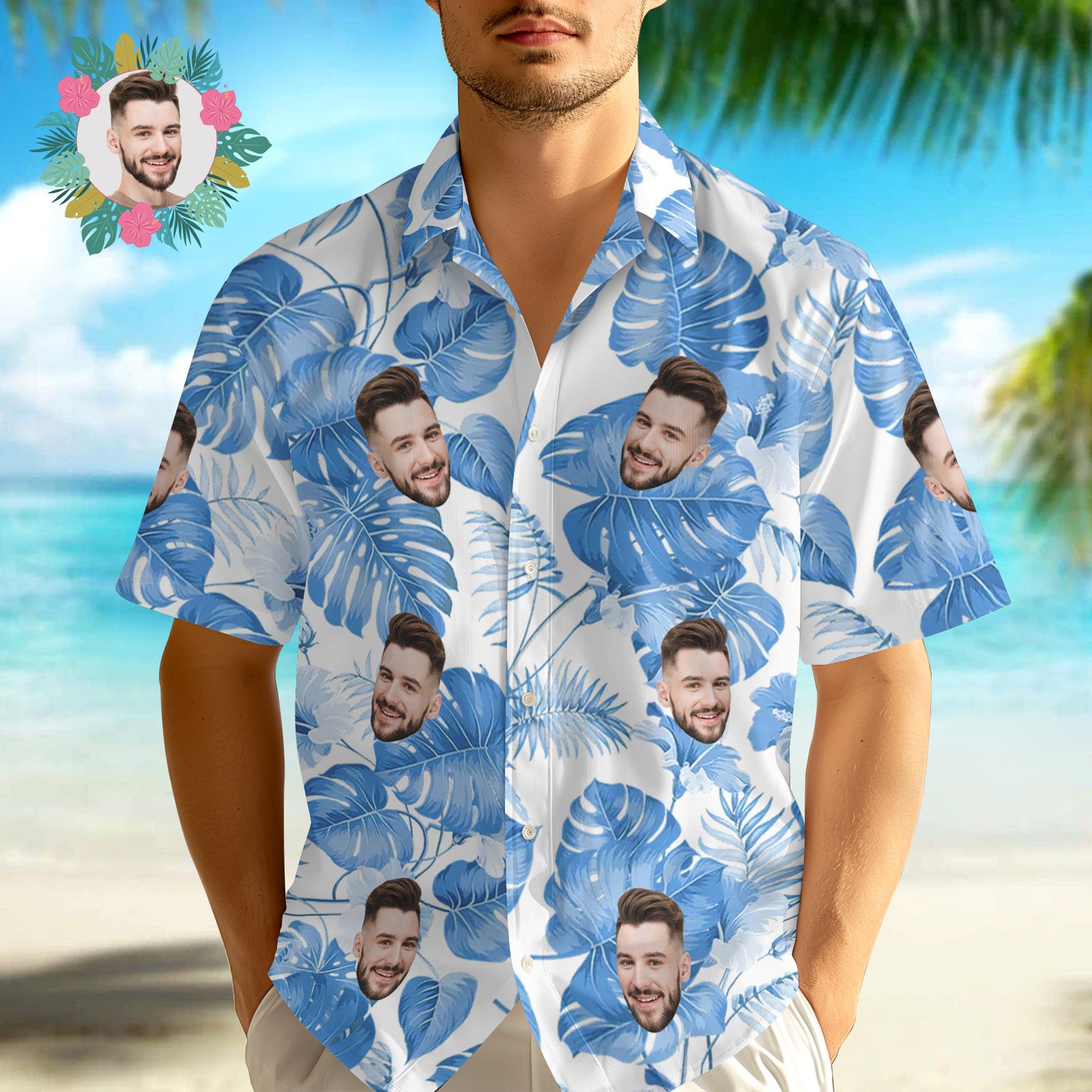 Benutzerdefiniertes Gesichts-hawaii-hemd. Tropische Ärmel Und Blumen-gesicht. Hellblaues Hawaii-hemd