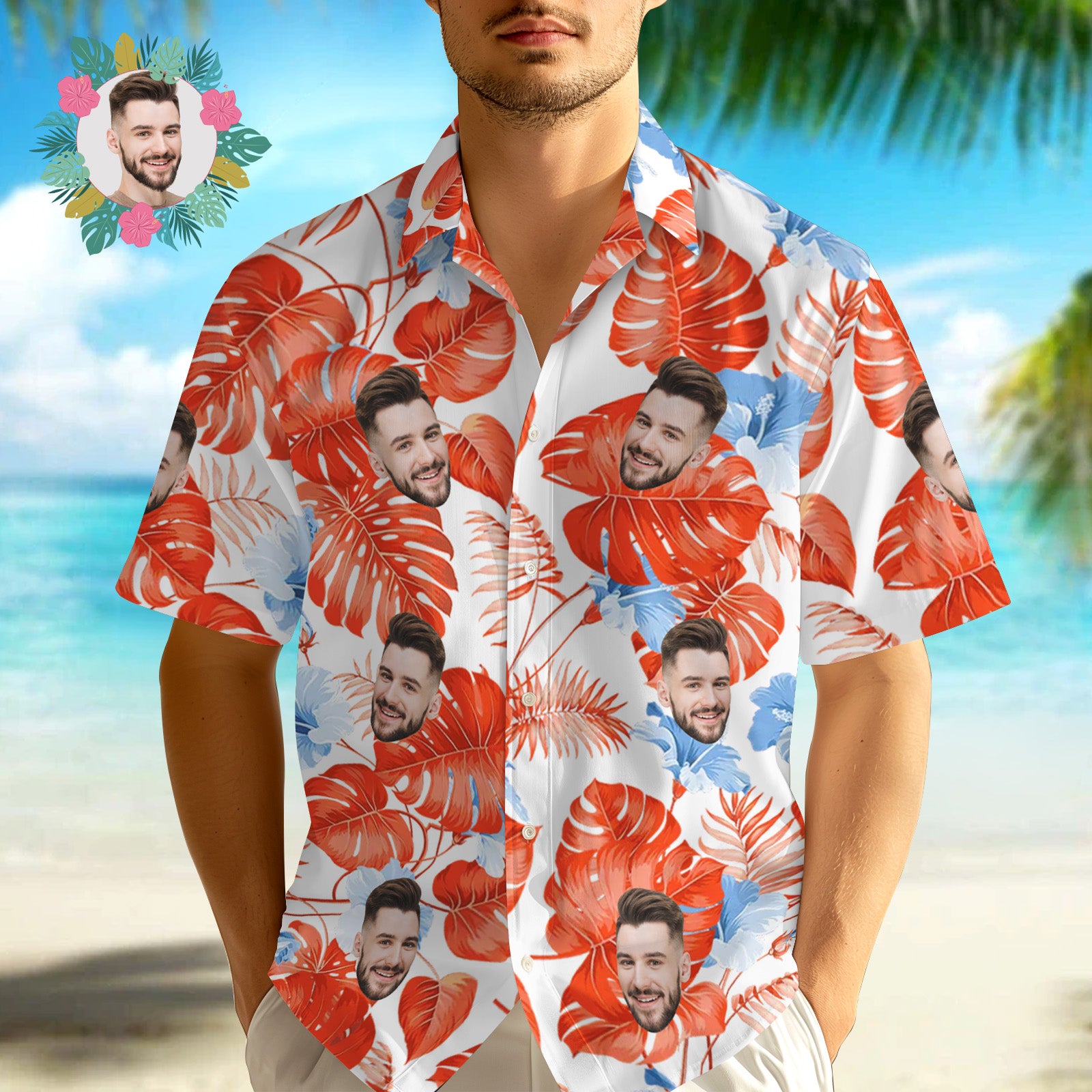 Hawaii-hemden Mit Individuellem Gesicht. Tropische Rote Ärmel Und Blumen-gesicht-hawaii-hemd