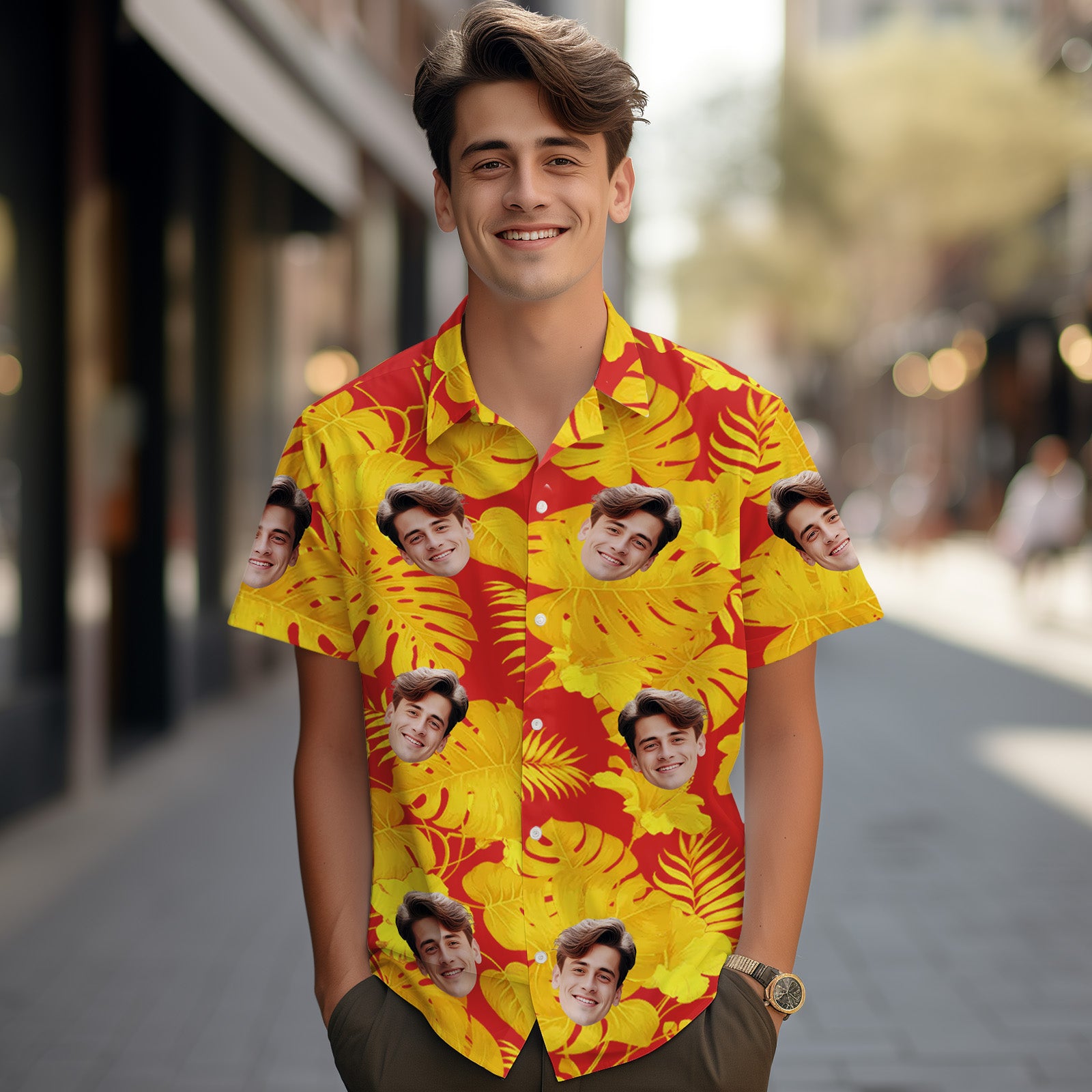 Hawaii-hemden Mit Individuellem Gesicht, Tropische Ärmel Und Blumen, Rotes Hawaii-hemd Mit Gesicht