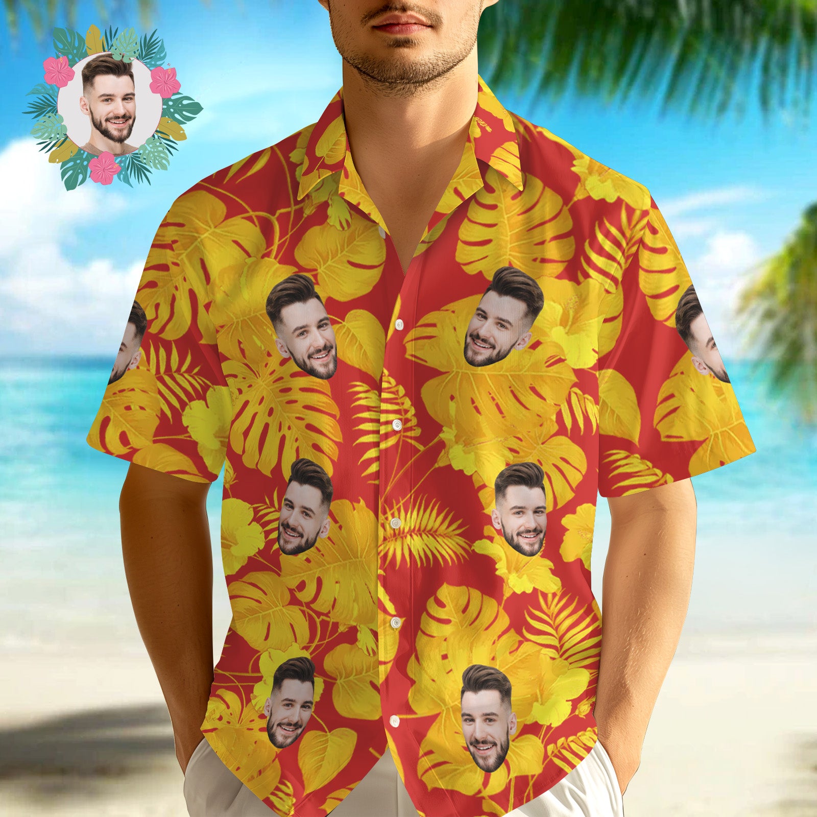 Hawaii-hemden Mit Individuellem Gesicht, Tropische Ärmel Und Blumen, Rotes Hawaii-hemd Mit Gesicht