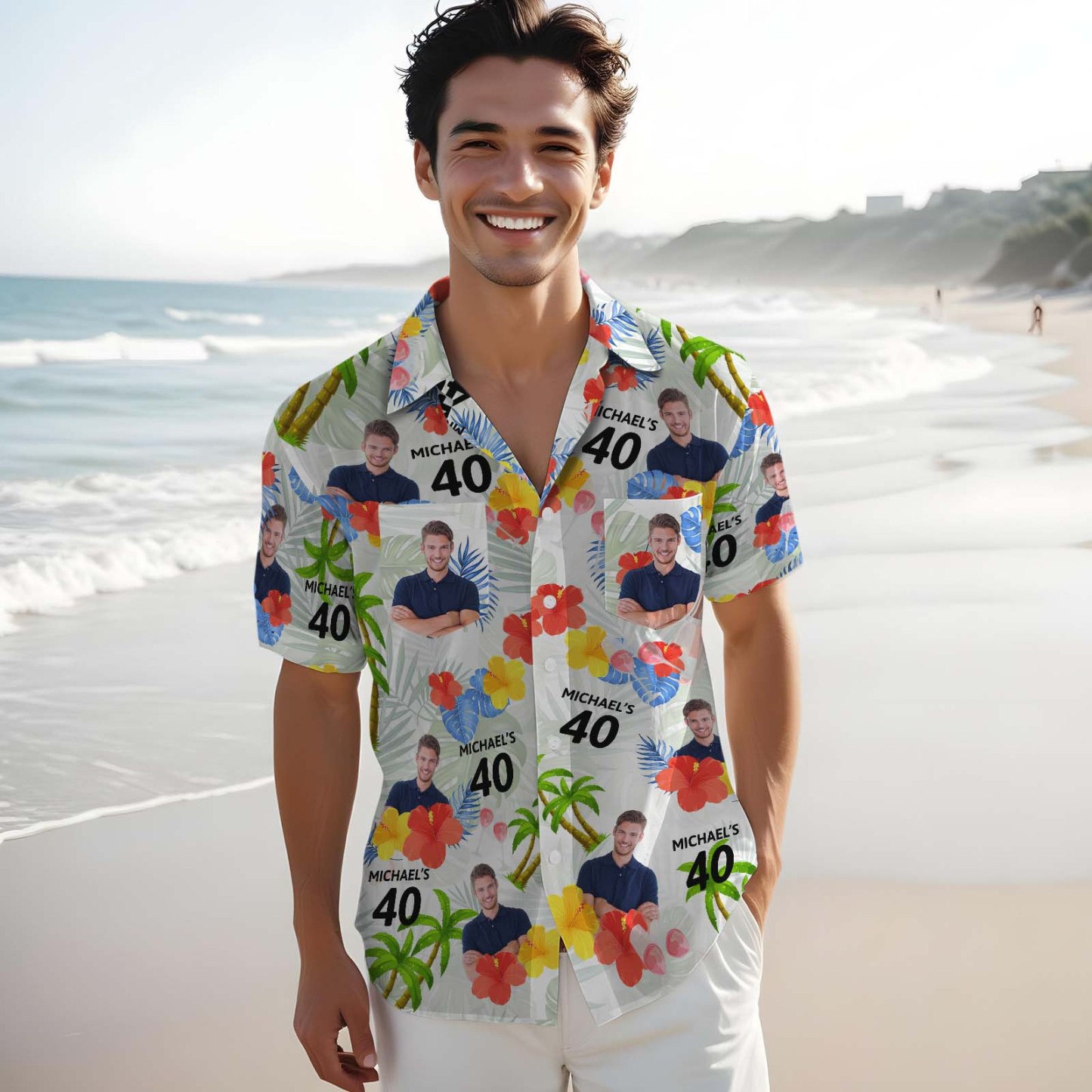 Personalisiertes Hawaii-shirt Mit Gesicht, Personalisiertes Geschenk Für Liebhaber, Tropischer Sommer-geburtstag, Aloha-shirt Mit Tasche - FotoSocken