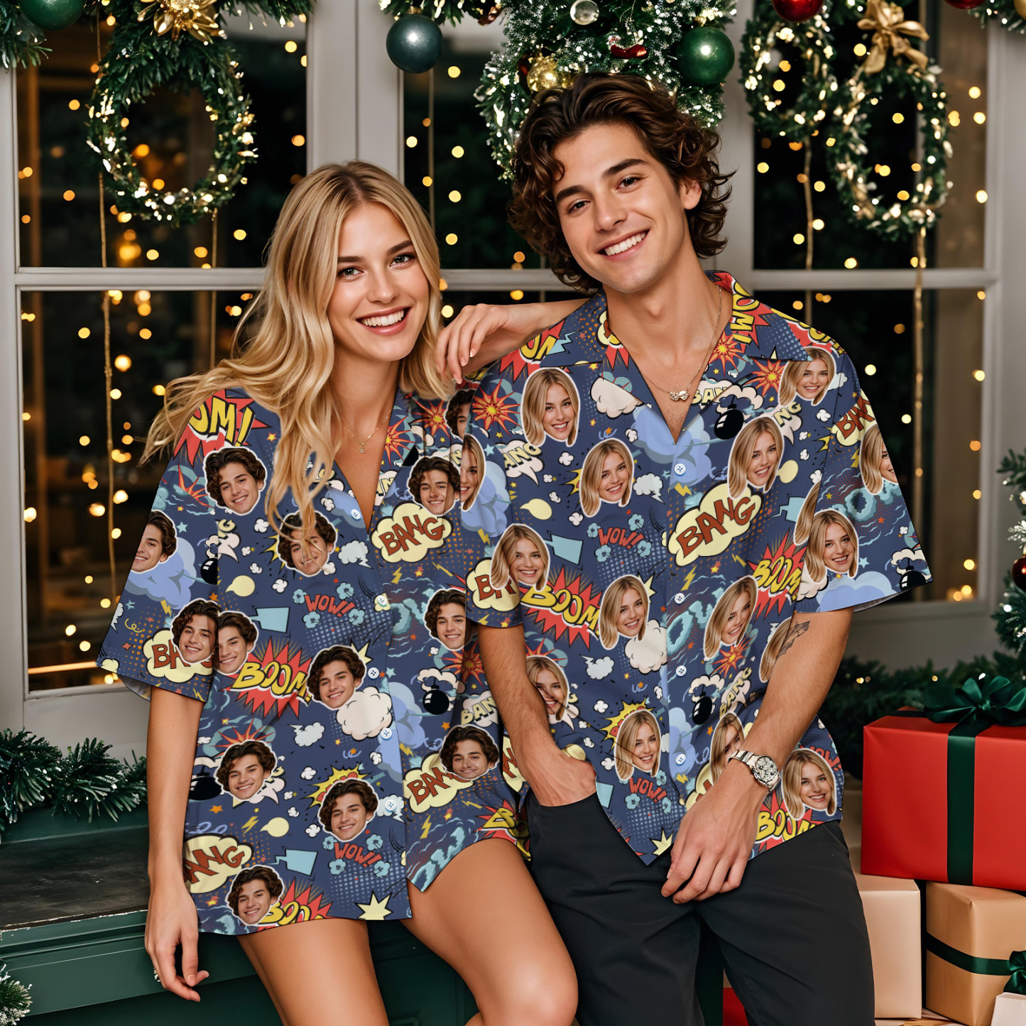 Hawaiihemd Mit Individuellem Gesicht. Buntes Hawaiihemd Im Patchwork-muster-stil - FotoSocken