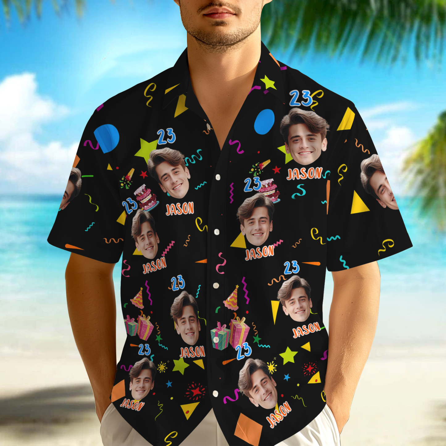 Benutzerdefiniertes Gesicht Hawaii-hemd, Personalisierter Geburtstagskuchen, Name Und Alter, Gesicht, Männer, Hawaii-hemd, Geburtstagsparty-geschenk - FotoSocken