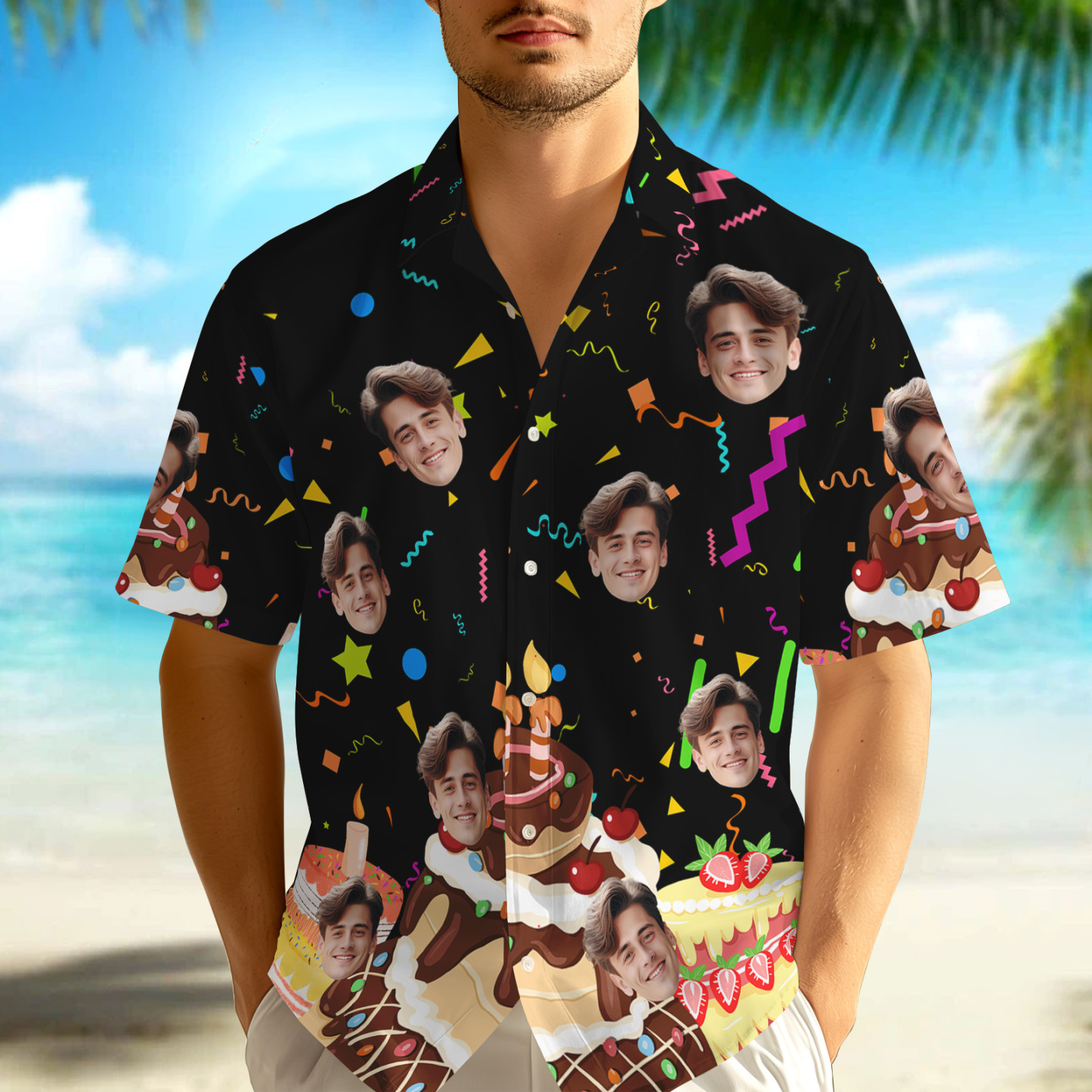 Benutzerdefiniertes Gesicht Hawaii-hemd, Personalisierter Geburtstagskuchen, Name Und Alter, Gesicht, Männer, Hawaii-hemd, Geburtstagsparty-geschenk - FotoSocken